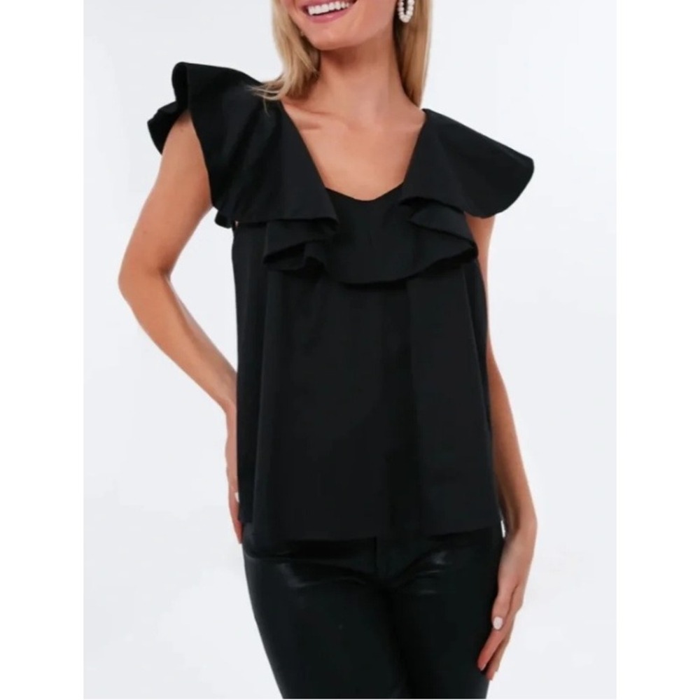 Pomander Place Tuckernuck Blouse Womens S Black Cotton Poplin Ruffle Neck Top